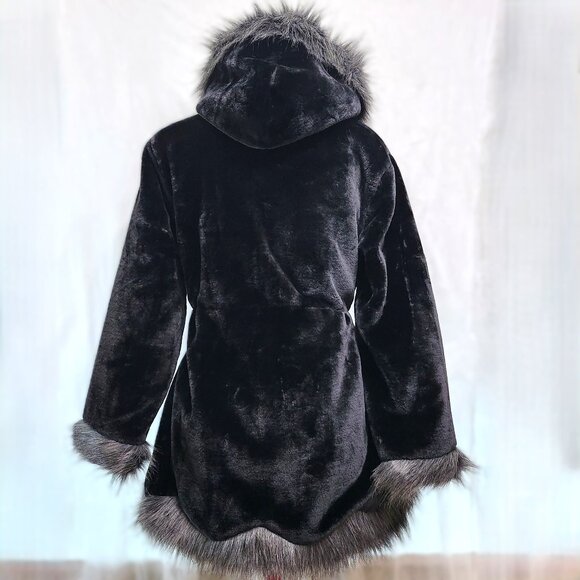 Black & Grey Faux Fur Jacket with Jewelled Rhinestone Closure and Hood - Picture 4 of 9